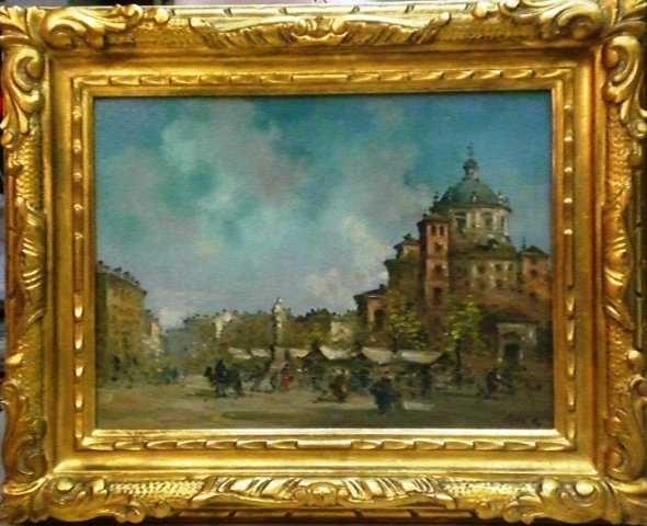 fortunato zangli a firma g. riva - milano - piazza vetra -olio su cartone cm 30 x 40